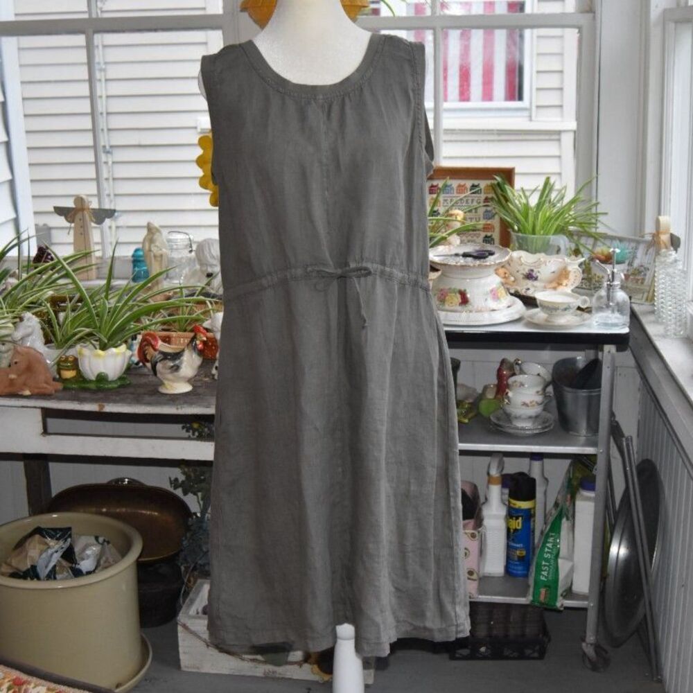 FLAX Linen Dress Womens Gray Sleeveless Scoop Neck Drawstring Waist Lithuania S